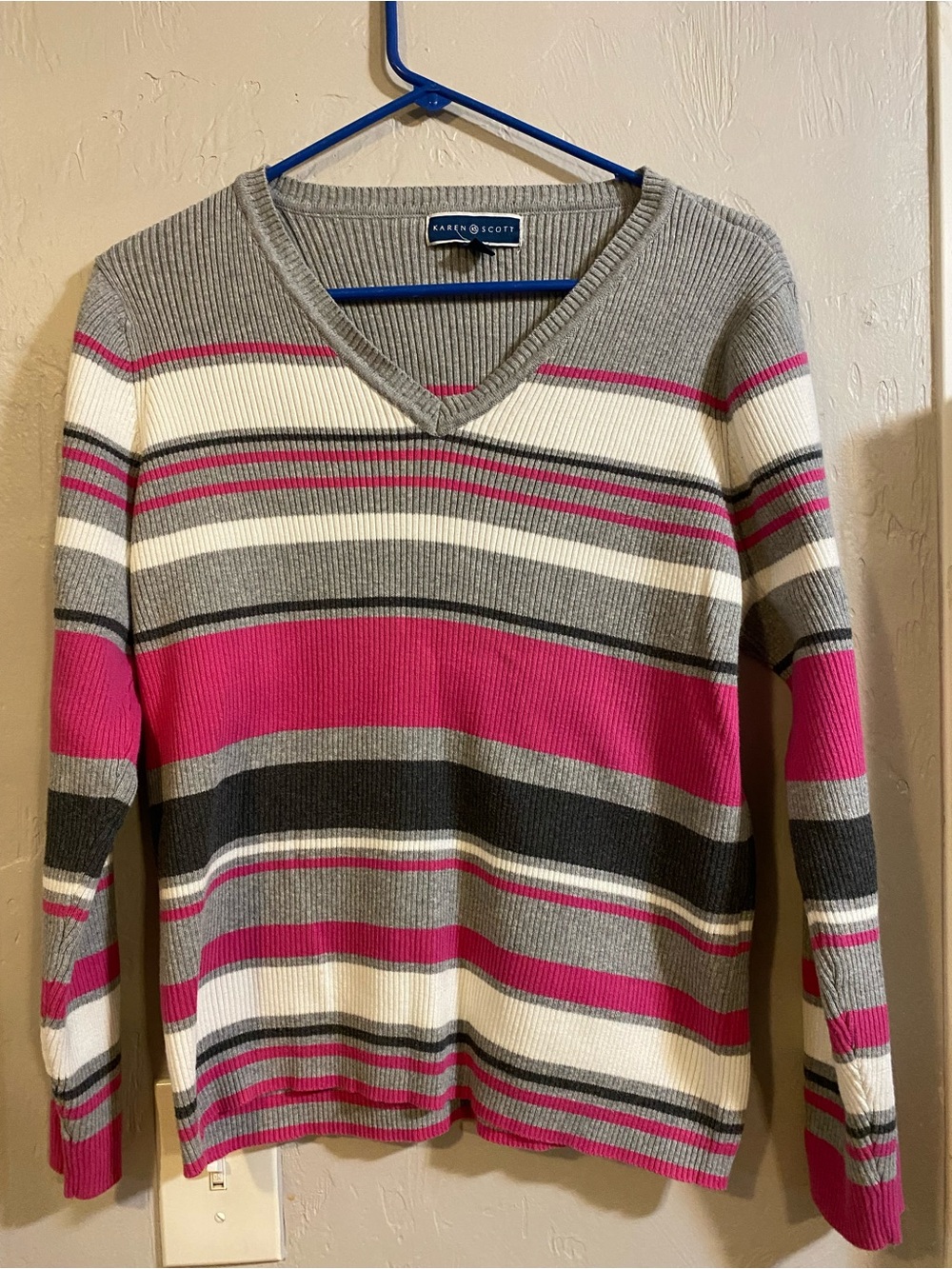 🛍️ Karen Scott Gray, Hot Pink & Cream Striped V-Neck Sweater